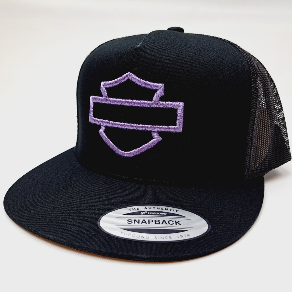 Harley Davidson Bar and Shield Logo Purple Embroidery Yupoong Flat Bill Trucker - Picture 2 of 3